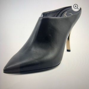 Delman black leather mules with gold colored heels size 9